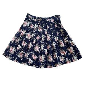 Smart Parts Size 9 Navy Pink Floral Rose Pleated A-Line Skirt Vintage Preppy USA